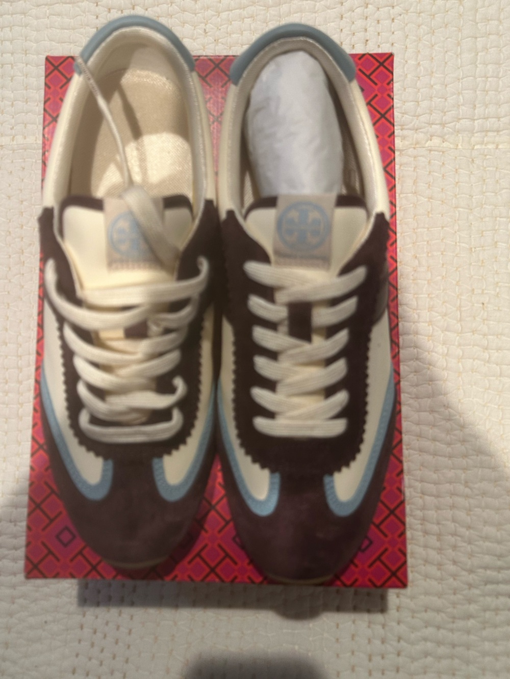 Tory Burch Cream,HANK SNEAKER 
Light Blue & Dark Brown Suede Lace-Up Sneakers